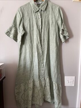 100% Italian Linen Button-Front Midi Dress in Sage with Eyelet Hem
